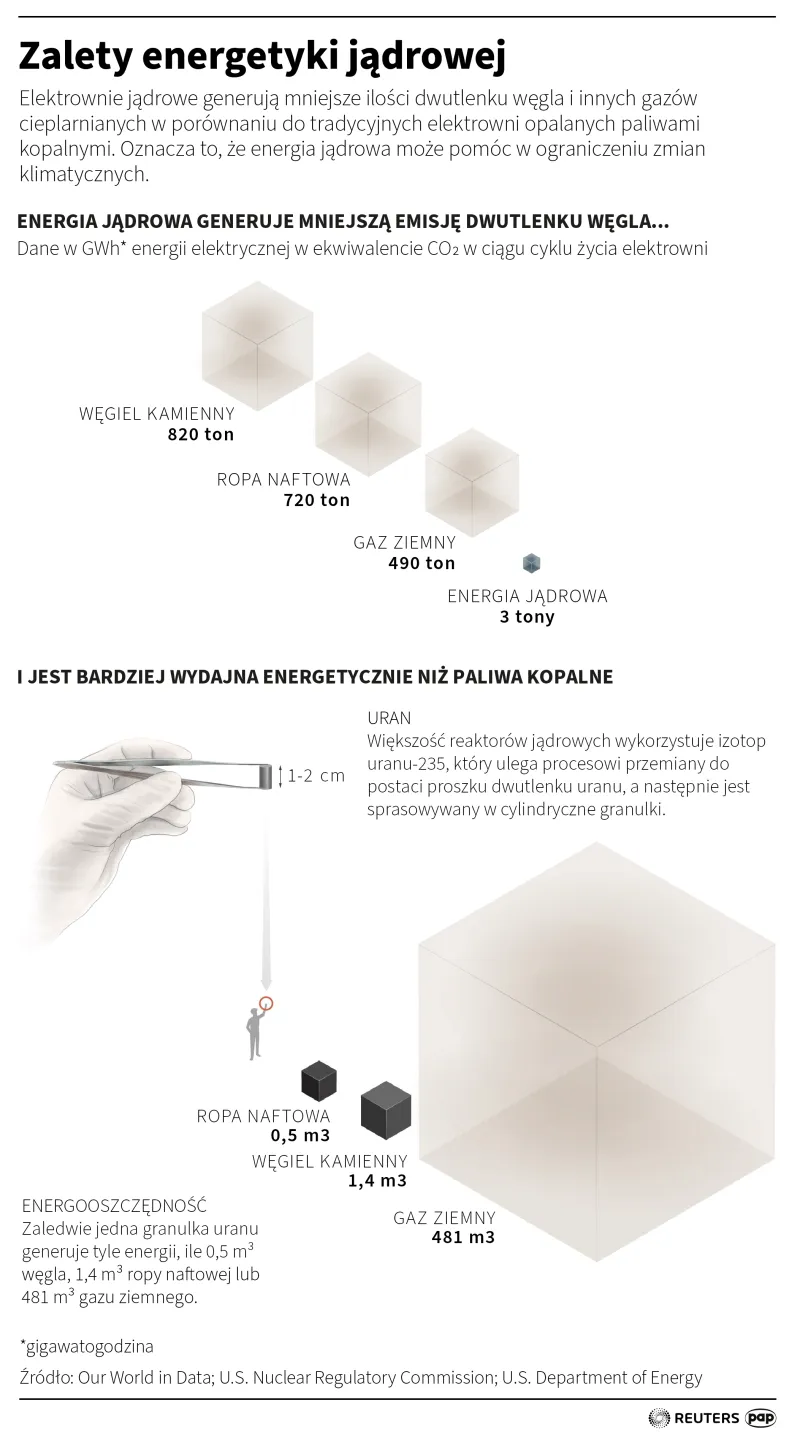 Zalety energetyki jądrowej. Autor: PAP/Infografika/Maria Samczuk