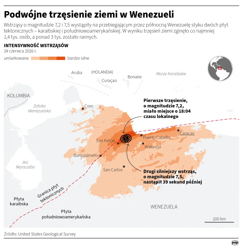 Podwójne trzęsienie ziemi w Wenezueli. Autor: PAP/Infografika/Michał Czernek