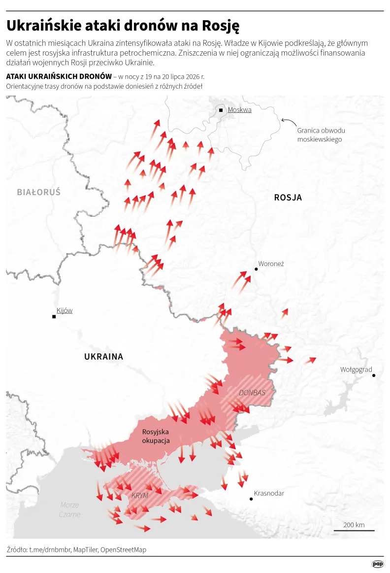 Ukraińskie ataki dronów na Rosję. Autor: PAP/Infografika/Michał Czernek