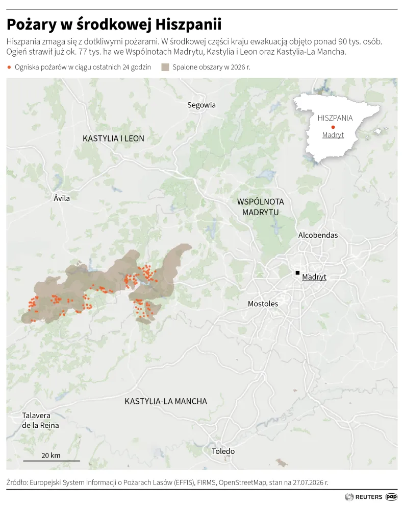 Pożary w środkowej Hiszpanii. Autor: PAP/Infografika/Michał Czernek