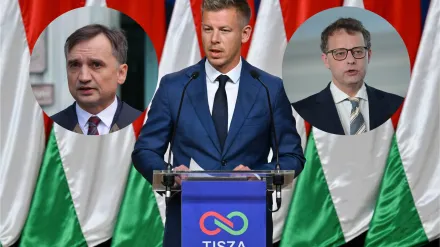 Marcin Romanowski (P), Zbigniew Ziobro (L) i Peter Magyar (C). Fot. EPA/TIBOR ILLYES HUNGARY/PAP/Marcin Obara/PAP/Paweł Supernak
