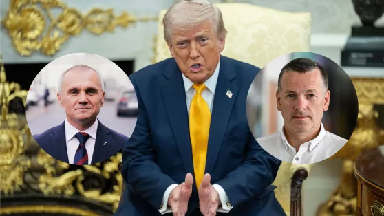 Gen. Roman Polko (L), Donald Trump (C), dr hab. Maciej Milczanowski. Fot. EPA/Aaron Schwartz /POOL/PAP/Albert Zawada/PAP/Darek Delmanowicz