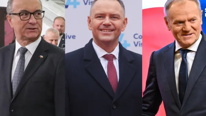 Marszałek Sejmu Włodzimierz Czarzasty, prezydent Karol Nawrocki i premier Donald Tusk. Fot. PAP/Tomasz Gzell/Leszek Szymański/Wiktor Dąbkowski