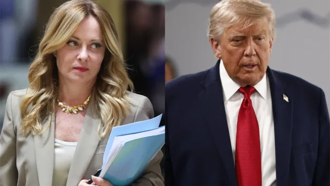Premier Włoch Giorgia Meloni i prezydent USA Donald Trump. Fot. PAP/EPA/OLIVIER HOSLET/YOAN VALAT