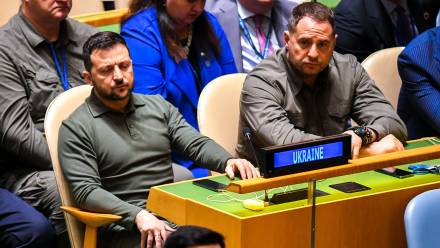 Prezydent Ukrainy Wołodymyr Zełenski podczas debaty generalnej 78. sesji Zgromadzenia Ogólnego ONZ w Nowym Jorku Fot. PAP/Andrzej Lange