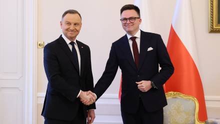 Prezydent RP Andrzej Duda i marszałek Sejmu Szymon Hołownia na spotkaniu w Pałacu Prezydenckim, fot. PAP/Leszek Szymański
