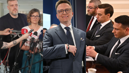 Adrian Zandberg, Magdalena Biejat, Szymon Hołownia, Grzegorz Braun, Krzysztof Bosak i Sławomir Mentzen. Fot.  PAP/Marcin Obara/Radek Pietruszka/Tomasz Gzell