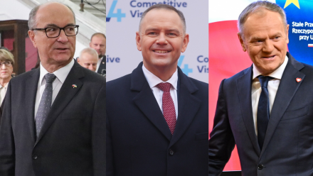 Marszałek Sejmu Włodzimierz Czarzasty, prezydent Karol Nawrocki i premier Donald Tusk. Fot. PAP/Tomasz Gzell/Leszek Szymański/Wiktor Dąbkowski