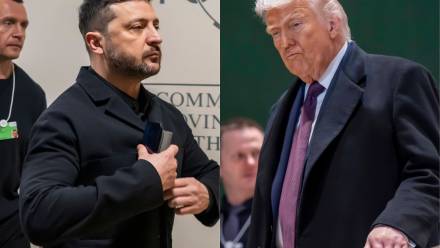 Prezydent Ukrainy Wołodymyr Zełenski i prezydent USA Donald Trump. Fot. PAP/EPA/	LAURENT GILLIERON