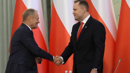 Premier Donald Tusk i prezydent Karol Nawrocki. Fot. PAP/	Albert Zawada