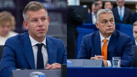 Peter Magyar (L), Viktor Orban (P). Fot. EPA/CHRISTOPHE PETIT TESSON