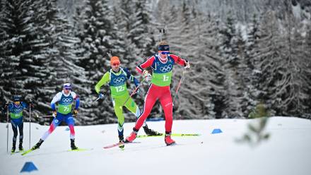 Zawody biathlonowe na Zimowych Igrzyskach Olimpijskich 2026 w Mediolanie i Cortinie. Fot. PAP/EPA/MARTIN METELKO