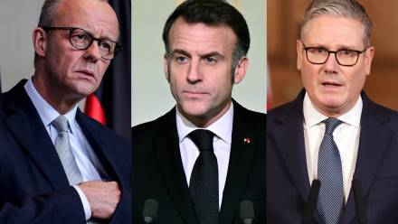 Friedrich Merz, Emmanuel Macron i Keir Starmer Fot. PAP/EPA/FILIP SINGER/BERTRAND GUAY/ANDY RAIN/POOL