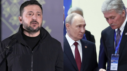 Prezydent Ukrainy Wołodymyr Zełenski, przywódca Rosji Władimir Putin i rzecznik Kremla Dmitrij Pieskow. Fot. EPA/ANDREW KRAVCHENKO/ ALEXANDER KAZAKOV / SPUTNIK / KREMLIN POOL