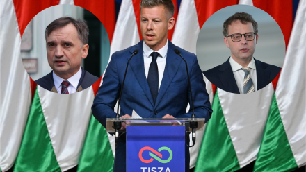 Marcin Romanowski (P), Zbigniew Ziobro (L) i Peter Magyar (C). Fot. EPA/TIBOR ILLYES HUNGARY/PAP/Marcin Obara/PAP/Paweł Supernak