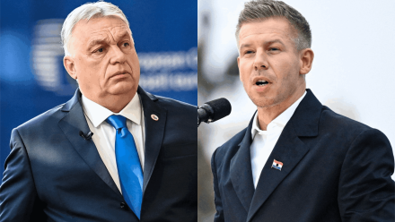 Premier Węgier Viktor Orban i lider opozycyjnej partii TISZA, Peter Magyar. Fot. PAP/Wiktor Dąbkowski/EPA/BOGLARKA BODNAR