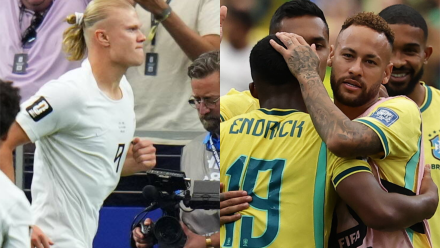 Erling Haaland i piłkarze reprezentacji Brazylii. Fot. PAP/EPA/JEFFREY MCWHORTER/CHRISTOPHER NEUNDORF